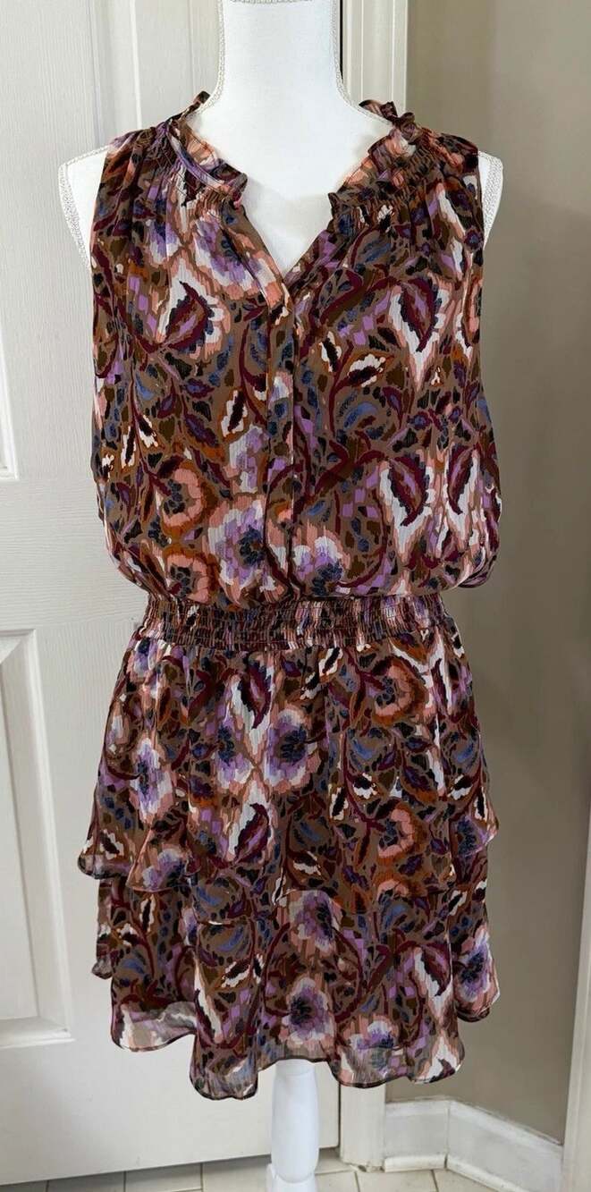 Evereve Women’s Abstract Multicolor Sleeveless V-Neck Ruffle dress Size L